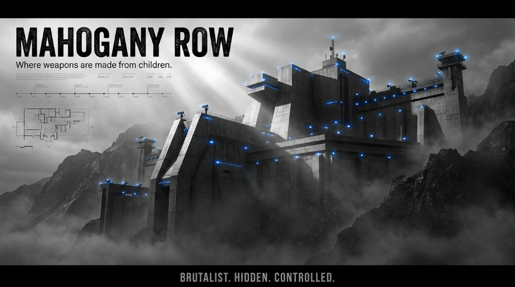 Mahogany Row — The Institution · Brutalist. Hidden. Controlled.